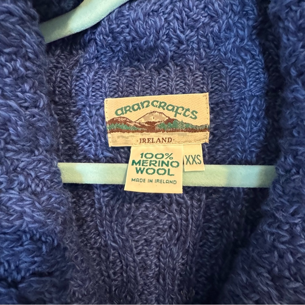 Aran Crafts Blue Cable Knit 100% Merino Wool Zip Front Poncho XXS (oversized) - Picture 5 of 11